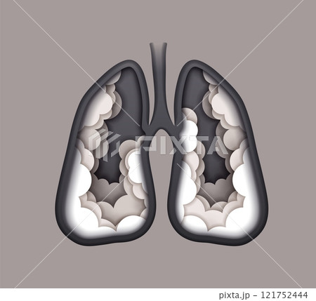 Paper cut lungs with cigarette smoke for stop smoking and tobacco disease, vector poster. Unhealthy lungs with cigarette smoke in paper cut for medical infographic or stop tobacco and health poster Paper cut lungs with cigarette smoke for stop smoking and tobacco disease, vector poster. Unhealthy lungs with cigarette smoke in paper cut for medical infographic or stop tobacco and health poster 121752444