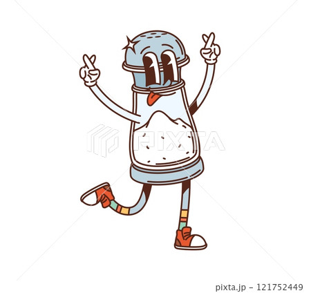 Groovy salt shaker retro cartoon character or kitchenware utensil, comic vector. Funny groovy salt shaker bottle with funky face and tongue out smile for kitchen utensils and kitchenware character 121752449