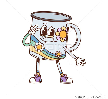 Retro groovy mug of kitchenware and utensil with funny face, vector cartoon character. Groovy cup or mug with happy smile and flowers ornament for kitchenware or drink utensil cartoon character 121752452