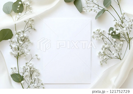 Styled stock photo. Feminine wedding desktop stationery mockup with blank greeting card, baby's breath Gypsophila flowers, dry green eucalyptus leaves, satin ribbon and white background. Empty space. Styled stock photo. Feminine wedding desktop stationery mockup with blank greeting card, baby's breath Gypsophila flowers, dry green eucalyptus leaves, satin ribbon and white background. Empty space. 121752729