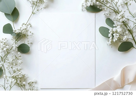 Styled stock photo. Feminine wedding desktop stationery mockup with blank greeting card, baby's breath Gypsophila flowers, dry green eucalyptus leaves, satin ribbon and white background. Empty space. Styled stock photo. Feminine wedding desktop stationery mockup with blank greeting card, baby's breath Gypsophila flowers, dry green eucalyptus leaves, satin ribbon and white background. Empty space. 121752730