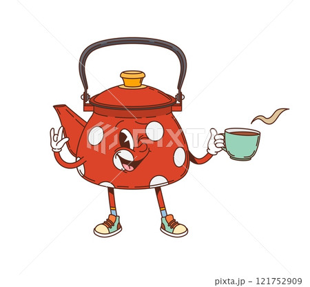 Groovy kettle teapot retro cartoon character with tea cup, vector funny kitchenware utensil. Groovy teakettle with happy face and winking smile for drink kitchenware or kitchen utensil cute character Groovy kettle teapot retro cartoon character with tea cup, vector funny kitchenware utensil. Groovy teakettle with happy face and winking smile for drink kitchenware or kitchen utensil cute character 121752909