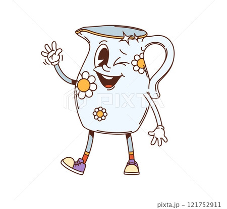 Retro groovy kitchenware and utensil jug character. Kitchen porcelain pitcher with daisy flowers retro groovy vector personage. Household cookware happy mascot or ceramic mild mug cheerful character 121752911