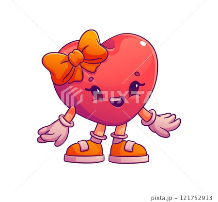 Cartoon groovy valentine day girl heart character with a bow and retro sneakers. Isolated cute and playful vector holiday personage exudes cheerful emotions and feelings, embodies festive season Cartoon groovy valentine day girl heart character with a bow and retro sneakers. Isolated cute and playful vector holiday personage exudes cheerful emotions and feelings, embodies festive season 121752913