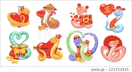Cartoon valentines day Asian snakes with love hearts, celebrating love, prosperity, and Chinese new year traditions with hearts, red envelopes, mandarin fruits, gold coins and festive accessories 121752935