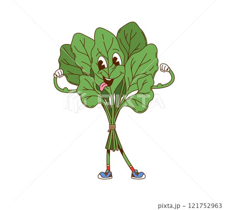Cartoon spinach vegetable groovy character. Vegetarian food fresh vegetable 60s 70s cartoon personage. Farming ripe veggie vintage groovy isolated vector character or spinach leaves funny mascot Cartoon spinach vegetable groovy character. Vegetarian food fresh vegetable 60s 70s cartoon personage. Farming ripe veggie vintage groovy isolated vector character or spinach leaves funny mascot 121752963