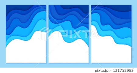Paper cut blue water waves, sea surface ripples. 3d vector papercut empty banners, poster or frame templates with wavy navy layers for environmental World Water day or Save the Oceans day 8th June 121752982