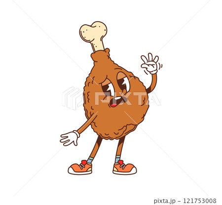 Cartoon groovy fast food fried chicken leg character. Takeaway cafe poultry meat snack sad or disappointed personage. Fast food restaurant chicken fried drumstick meal groovy isolated vector character 121753008