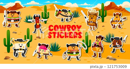 Stickers pack of cartoon fast food cowboy and bandit characters, vector personages. Wild West fast food characters stickers of cheeseburger sheriff with taco ranger and donut cowboy with gun and lasso Stickers pack of cartoon fast food cowboy and bandit characters, vector personages. Wild West fast food characters stickers of cheeseburger sheriff with taco ranger and donut cowboy with gun and lasso 121753009