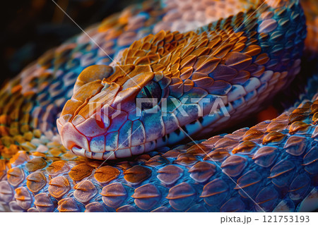 Close-up of a colorful rattlesnake coiled in a defensive position. Its detailed scales reflect vibrant hues, creating an intricate and striking texture. Reptile. Close-up of a colorful rattlesnake coiled in a defensive position. Its detailed scales reflect vibrant hues, creating an intricate and striking texture. Reptile. 121753193