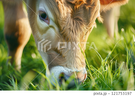 Adorable calf grazing in a sunlit field, with close-up detail of its face and ears. Perfect for agricultural, farm life, and nature-themed projects. Adorable calf grazing in a sunlit field, with close-up detail of its face and ears. Perfect for agricultural, farm life, and nature-themed projects. 121753197