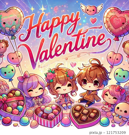 可愛いキャラクターが彩るバレンタインイラスト 121753209