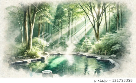 緑豊かな森林に囲まれた自然露天風呂と朝の光 緑豊かな森林に囲まれた自然露天風呂と朝の光 121753359