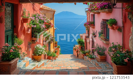 abstract ancient, flowery streets of Sicilian Baroque architecture with a distant volcano 121753543