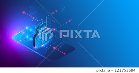 Data protection. Isometric image of a smartphone with a picture of a lock and various technological elements. 121753694