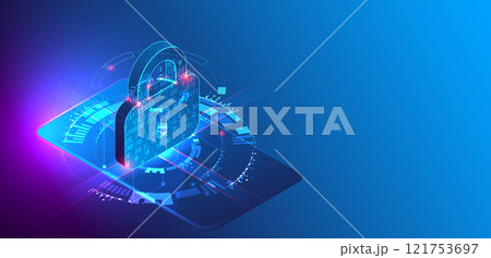 Data protection. Isometric image of a smartphone with a picture of a lock and various technological elements. 121753697