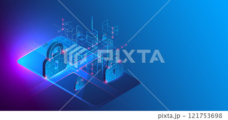 Data protection. Isometric image of a smartphone with a picture of a lock and various technological elements. 121753698