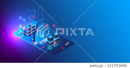 Data protection. Isometric image of a smartphone with a picture of a lock and various technological elements. 121753699