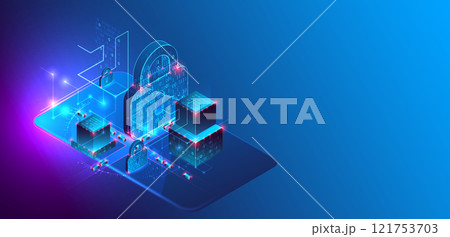 Data protection. Isometric image of a smartphone with a picture of a lock and various technological elements. Data protection. Isometric image of a smartphone with a picture of a lock and various technological elements. 121753703