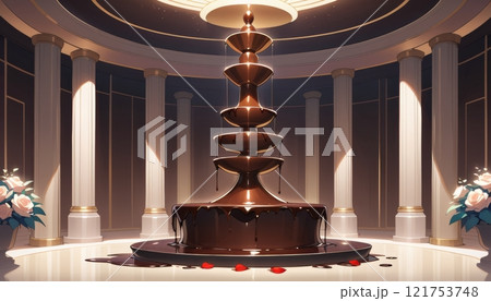 illustration of a giant chocolate fountain in a luxurious and elegant setting with rose petals on the floor 121753748