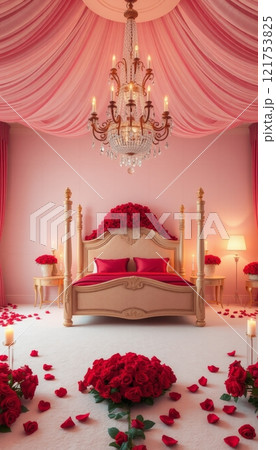 an elegant luxury rich bedroom decorated and colored for romantic evenings or for Valentine's Day 121753825