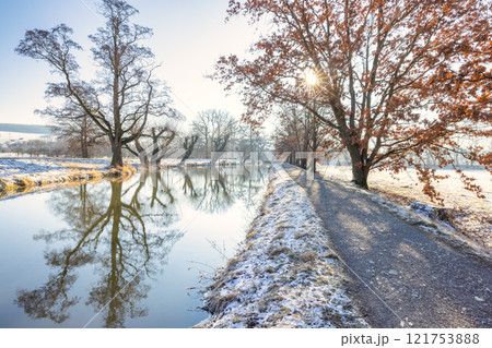 Winter snowy country with reflections of trees in a water at a sunny day. Region Pilsen in Czech Republic, Europe. Winter snowy country with reflections of trees in a water at a sunny day. Region Pilsen in Czech Republic, Europe. 121753888