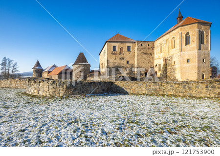 Svihov castle in winter, medieval landmark in Region Pilsen in Czech Republic, Europe. 121753900