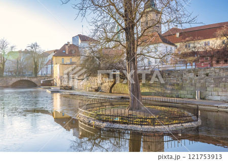 Pilsen town, City park the Mill Race (in Czech Mlynska strouha), also known as Pilsen's Venice, relaxing area in centre of town, Czech Republic, Europe. 121753913