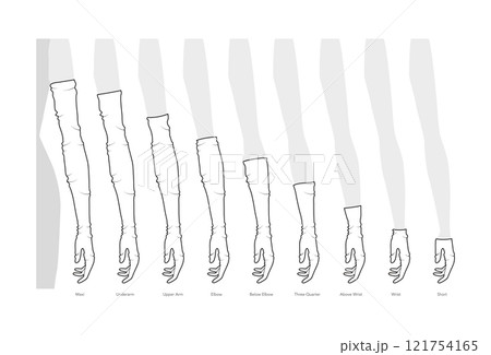 Set of Loose Gloves Length Chart diagram with name text Elbow Short Wrist Fashion hand accessory clothing technical  121754165