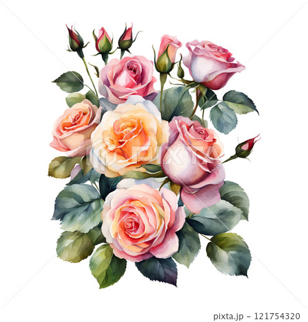 Watercolor bouquet yellow roses flowers, symbol of love, wedding, purity, vector illustration 121754320
