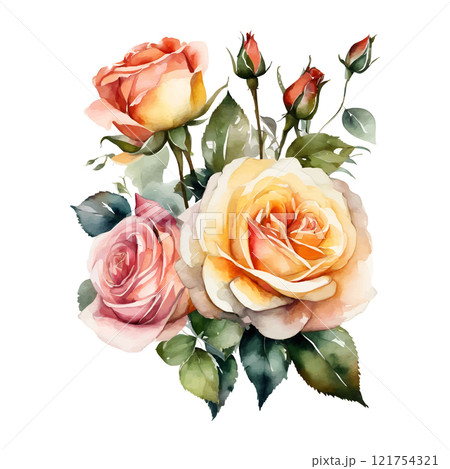 Watercolor bouquet yellow roses flowers, symbol of love, wedding, purity, vector illustration 121754321