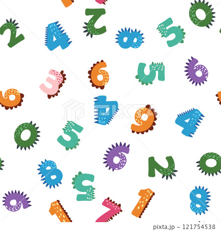 ABC seamless pattern in simple cartoon style. Cute dinosaur alphabet print - hand drawn childish seamless pattern design 121754538