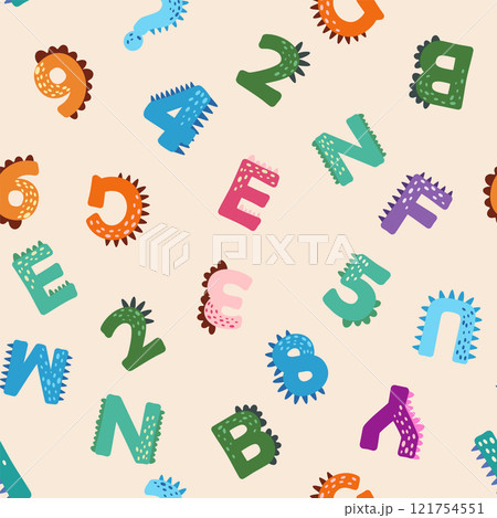 ABC seamless pattern in simple cartoon style. Cute dinosaur alphabet print - hand drawn childish seamless pattern design ABC seamless pattern in simple cartoon style. Cute dinosaur alphabet print - hand drawn childish seamless pattern design 121754551