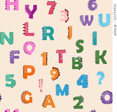 ABC seamless pattern in simple cartoon style. Cute dinosaur alphabet print - hand drawn childish seamless pattern design 121754552