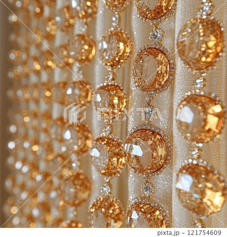 Shiny golden fabric background with smooth folds and a reflective, glittering texture, design Shiny golden fabric background with smooth folds and a reflective, glittering texture, design 121754609