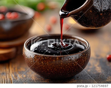 Soy sauce, dark liquid, pouring into a dish, glossy surface, brown ceramic bowl, dark condiment 121754697