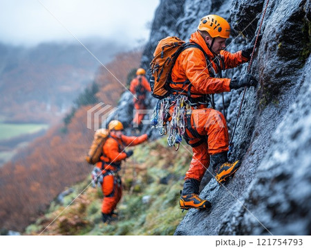 Adventure group, mountain rescue team climbing snowy mountain slope with ropes 121754793