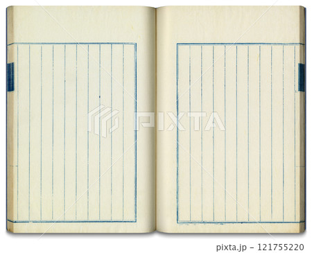 古い時代の和綴じ青本、四つ目綴じの見開き冊子 121755220