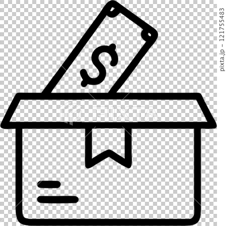 Gift box with money inside in outline icon style, business and finance theme. 121755483