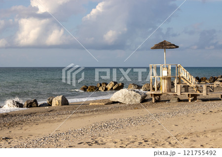 Sandy beach and guard tower, Villafranca, Sicily, Italy Sandy beach and guard tower, Villafranca, Sicily, Italy 121755492
