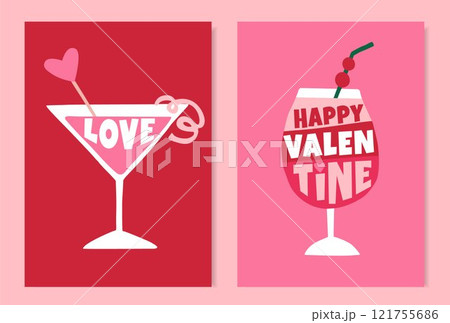 Happy Valentines day greeting cards, invitations. Cocktail drinks glasses with lettering text isolated on pink red background. Birthday, wedding party celebration. Retro poster design, vector Happy Valentines day greeting cards, invitations. Cocktail drinks glasses with lettering text isolated on pink red background. Birthday, wedding party celebration. Retro poster design, vector 121755686