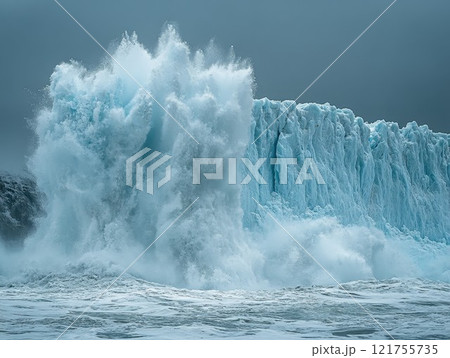 Huge iceberg floating, glacier calving into the sea 121755735
