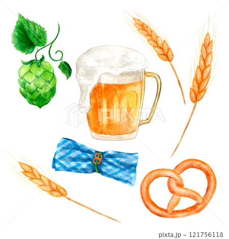 Set of elements: beer, hops, malt, pretzel, napkin, digital watercolor illustration. Set of elements: beer, hops, malt, pretzel, napkin, digital watercolor illustration. 121756118