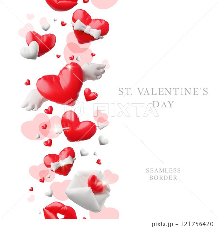 3D poster illustration with seamless border of inflatable shapes of hearts, lips and envelope. 121756420