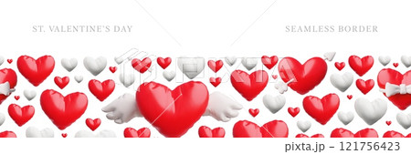 Realistic red and white hearts with wings, arrow and bow from inflated balloon, vector seamless border, Valentine's Day Realistic red and white hearts with wings, arrow and bow from inflated balloon, vector seamless border, Valentine's Day 121756423