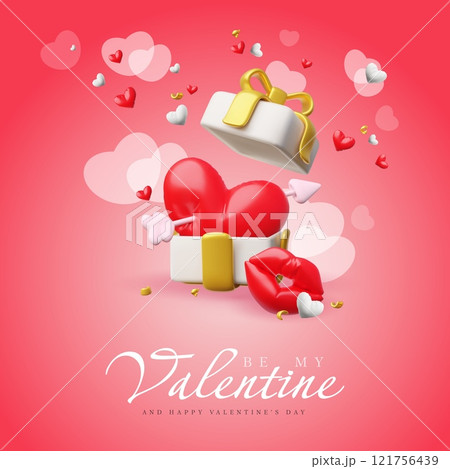 Happy Valentine's Day poster vector design, red lips, red and white hearts with arrow from inflated balloon in gift box Happy Valentine's Day poster vector design, red lips, red and white hearts with arrow from inflated balloon in gift box 121756439