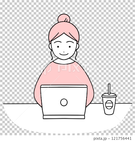 Copy of a woman operating a PC while drinking a cold drink Copy of a woman operating a PC while drinking a cold drink 121756441