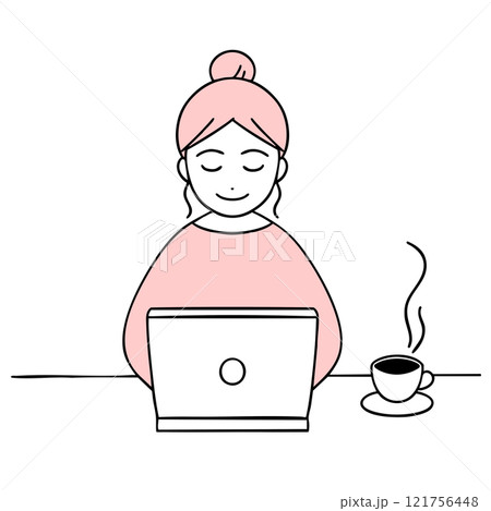 コーヒーを飲みながら穏やかにpcを操作する俯いた女性 コーヒーを飲みながら穏やかにpcを操作する俯いた女性 121756448