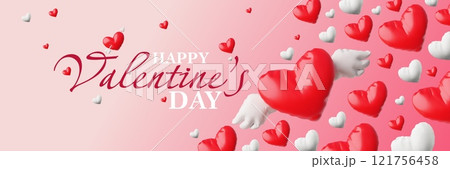 Happy Valentine's Day 3d festive banner vector design, red and white hearts with wings from inflated balloon love symbol 121756458