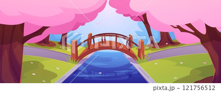 Vector illustration of a park with blooming sakura, road, river and bridge. 121756512
